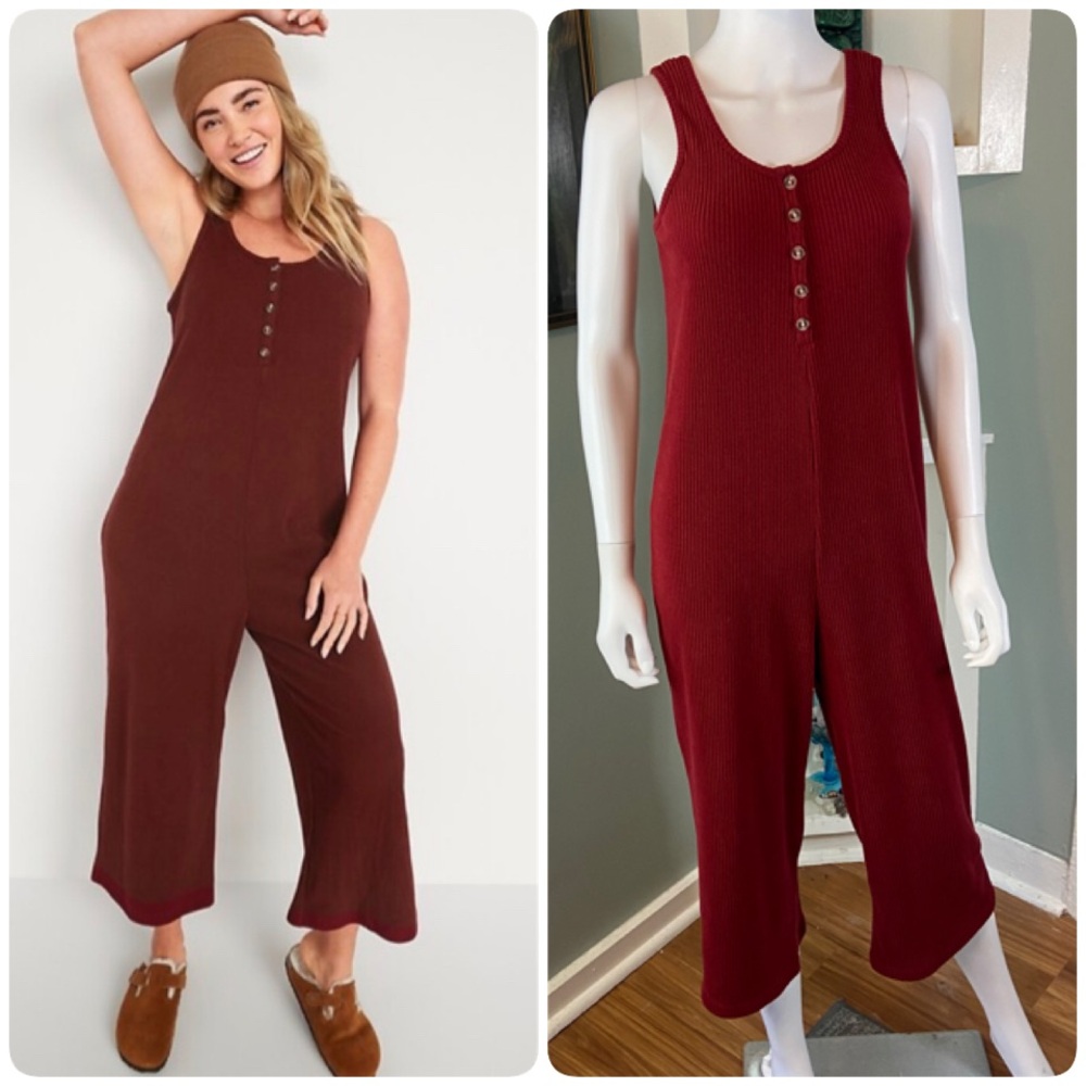 3/$12 Old Navy Maternity Jumpsuit Ribbed Velour Henley Fire Scarlet Red Cropped